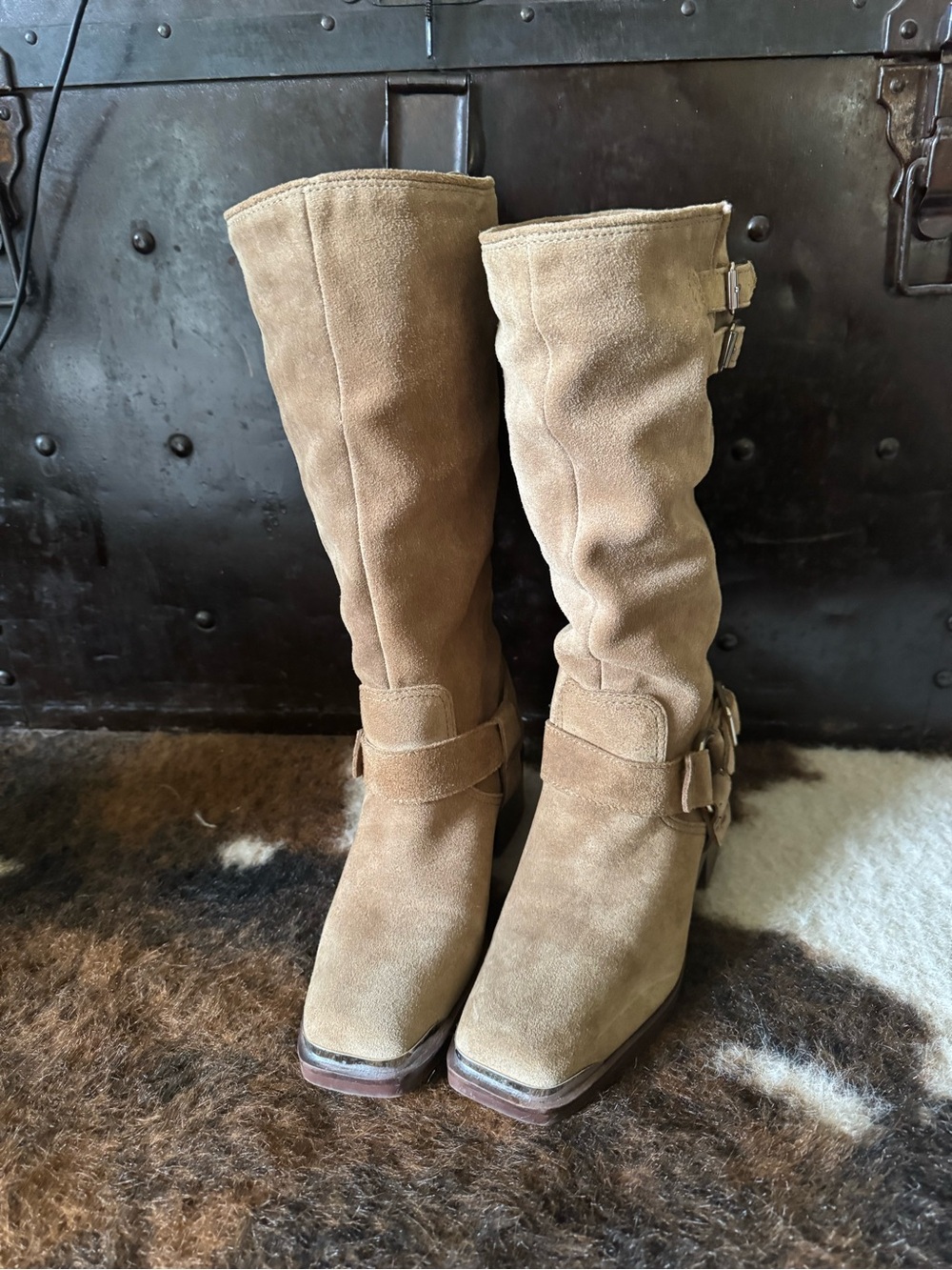 Dolce Vita Suede Mid-Calf Moto Boots in Tan